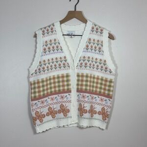 Vintage Sweater Vest Women Size M Floral Butterfly Patchwork Cottagecore Gingham